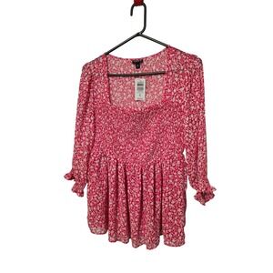 Torrid Pink Ditsy Floral Chiffon Smocked Peplum Blouse Square Neck NWT Size  M/L